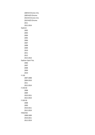 2009 W Chrome rims
2009 W/O Chrome
2010 W Chrome rims
2010 W/O Chrome
2011
2012-2014
Explorer
2002
2003
2004
2005
2006
2007
2008
2009
2010
2011
2012
2013-2014
Explorer Sport Trac
2006
2007
2008
2009
2010
F-150
2007-2008
2009-2010
2011
2012-2014
F-250 SD
2008
2009
2010-2011
2012-2014
F-350 SD
2008
2009
2010-2011
2012-2014
F450/550
2008-2009
2010-2011
2012-2014
 