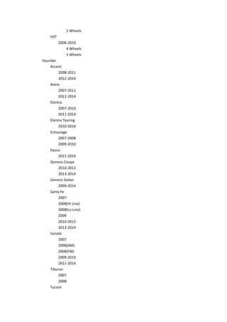 5 Wheels
H3T
2006-2010
4 Wheels
5 Wheels
Hyundai
Accent
2008-2011
2012-2014
Azera
2007-2011
2012-2014
Elantra
2007-2010
2011-2014
Elantra Touring
2010-2014
Entourage
2007-2008
2009-2010
Equus
2011-2014
Genesis Coupe
2010-2012
2013-2014
Genesis Sedan
2009-2014
Santa Fe
2007
2008(Hi Line)
2008(Lo Line)
2009
2010-2012
2013-2014
Sonata
2007
2008(AM)
2008(FM)
2009-2010
2011-2014
Tiburon
2007
2008
Tucson
 