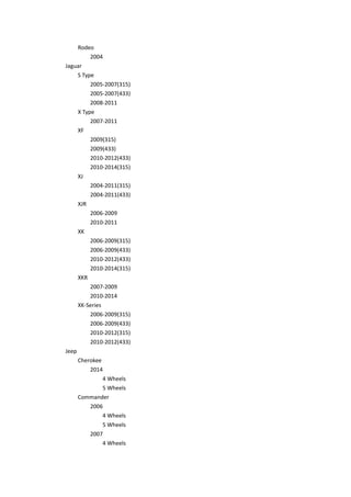 Rodeo
2004
Jaguar
S Type
2005-2007(315)
2005-2007(433)
2008-2011
X Type
2007-2011
XF
2009(315)
2009(433)
2010-2012(433)
2010-2014(315)
XJ
2004-2011(315)
2004-2011(433)
XJR
2006-2009
2010-2011
XK
2006-2009(315)
2006-2009(433)
2010-2012(433)
2010-2014(315)
XKR
2007-2009
2010-2014
XK-Series
2006-2009(315)
2006-2009(433)
2010-2012(315)
2010-2012(433)
Jeep
Cherokee
2014
4 Wheels
5 Wheels
Commander
2006
4 Wheels
5 Wheels
2007
4 Wheels
 