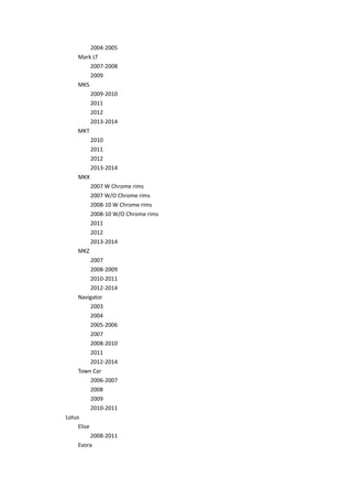 2004-2005
Mark LT
2007-2008
2009
MKS
2009-2010
2011
2012
2013-2014
MKT
2010
2011
2012
2013-2014
MKX
2007 W Chrome rims
2007 W/O Chrome rims
2008-10 W Chrome rims
2008-10 W/O Chrome rims
2011
2012
2013-2014
MKZ
2007
2008-2009
2010-2011
2012-2014
Navigator
2003
2004
2005-2006
2007
2008-2010
2011
2012-2014
Town Car
2006-2007
2008
2009
2010-2011
Lotus
Elise
2008-2011
Evora
 