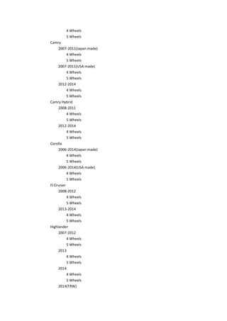 4 Wheels
5 Wheels
Camry
2007-2011(Japan made)
4 Wheels
5 Wheels
2007-2011(USA made)
4 Wheels
5 Wheels
2012-2014
4 Wheels
5 Wheels
Camry Hybrid
2008-2011
4 Wheels
5 Wheels
2012-2014
4 Wheels
5 Wheels
Corolla
2006-2014(Japan made)
4 Wheels
5 Wheels
2006-2014(USA made)
4 Wheels
5 Wheels
FJ Cruiser
2008-2012
4 Wheels
5 Wheels
2013-2014
4 Wheels
5 Wheels
Highlander
2007-2012
4 Wheels
5 Wheels
2013
4 Wheels
5 Wheels
2014
4 Wheels
5 Wheels
2014(TRW)
 