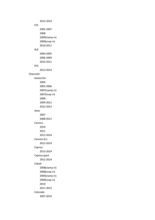 2012-2014
STS
2005-2007
2008
2009(clamp in)
2009(snap in)
2010-2011
XLR
2004-2005
2006-2009
2010-2011
XTS
2013-2014
Chevrolet
Avalanche
2004
2005-2006
2007(clamp in)
2007(snap in)
2008
2009-2011
2012-2013
Aveo
2007
2008-2011
Camaro
2010
2011
2012-2014
Camaro ZL1
2012-2014
Caprice
2013-2014
Captiva sport
2012-2014
Cobalt
2008(clamp in)
2008(snap in)
2009(clamp in)
2009(snap in)
2010
2011-2012
Colorado
2007-2010
 