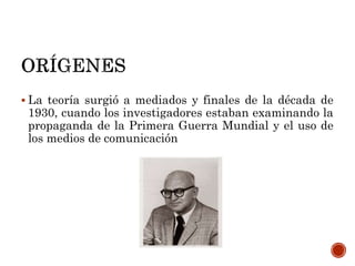  La teoría surgió a mediados y finales de la década de
1930, cuando los investigadores estaban examinando la
propaganda de la Primera Guerra Mundial y el uso de
los medios de comunicación
 