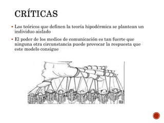  Los teóricos que definen la teoría hipodérmica se plantean un
individuo aislado
 El poder de los medios de comunicación es tan fuerte que
ninguna otra circunstancia puede provocar la respuesta que
este modelo consigue
 