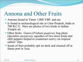 Annona and Other Fruits Annona found in Timor 1,000 YBP. and are Is found in archaeological site in Uttar Pradesh, India at 700 B.C.E.  Here are photos of two kinds in Indian Temple art.  Other fruits:  Guava ( Psidium guajava ), hog plum ( Spondias purpurea ), squashes of two more kinds and chili peppers helped to counteract scurvy on tropical sailors’ trips. Seeds of fruit probably spit on deck and cleaned off at future port in Asia. 09/27/09 Atlantic Conference 