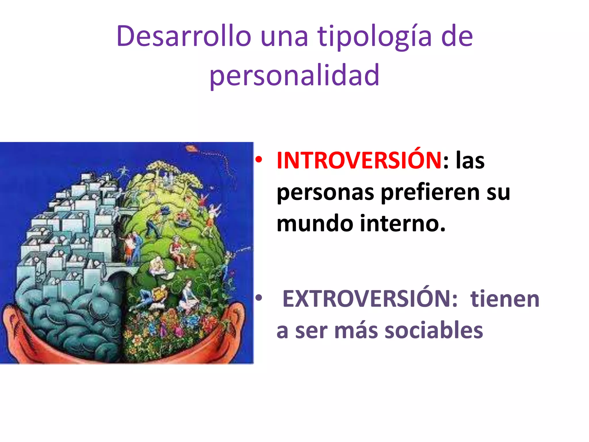 Desarrollo una tipología de
      personalidad

          • INTROVERSIÓN: las
            personas prefieren su
            mundo interno.

          • EXTROVERSIÓN: tienen
            a ser más sociables
 