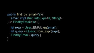 pub fn find_by_email<'a>(
email: impl stmt::IntoExpr<'a, String>
) -> FindByEmail<'a> {
let expr = User::EMAIL.eq(email);
let query = Query::from_expr(expr);
FindByEmail { query }
}
 