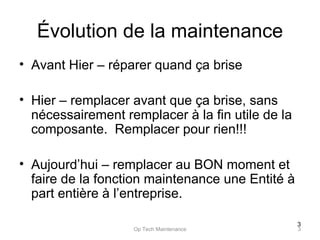 Évolution de la maintenance Avant Hier – réparer quand ça brise Hier – remplacer avant que ça brise, sans nécessairement remplacer à la fin utile de la composante.  Remplacer pour rien!!! Aujourd’hui – remplacer au BON moment et faire de la fonction maintenance une Entité à part entière à l’entreprise.  Op Tech Maintenance 