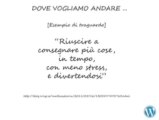 DOVE VOGLIAMO ANDARE ...

              [Esempio di traguardo]


            “Riuscire a
        consegnare più cose ,
             in tempo,
          con meno stress,
          e divertendosi”

http://blog.crisp.se/mattiasskarin/2011/05/16/1305497493763.html
 