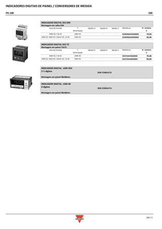 INDICADORES DIGITAIS DE PAINEL / CONVERSORES DE MEDIDA
PG 100 100
100 / 3
INDICADOR DIGITAL DI3-DIN
Montagem em calha DIN
Sinal de Entrada T.
Alimentação
Opções A Opções B Opções C Referência Pr. Unitário
€
500V AC / 5A AC 230V AC - - - DI3DINAV5AD0XX 79,00
100V DC; 500V DC / 60mV DC; 1A DC 230V AC - - - DI3DINAV6DD0XX 90,00
INDICADOR DIGITAL DI3-72
Montagem em painel 72x72
Sinal de Entrada T.
Alimentação
Opções A Opções B Opções C Referência Pr. Unitário
€
500V AC / 5A AC 230V AC - - - DI372AV5AD0XX 79,00
100V DC; 500V DC / 60mV DC; 1A DC 230V AC - - - DI372AV6DD0XX 90,00
INDICADOR DIGITAL LDM 35H
3 ½ dígitos
Montagem em painel 96x48mm
SOB CONSULTA
INDICADOR DIGITAL LDM 40
4 dígitos
Montagem em painel 96x48mm
SOB CONSULTA
 