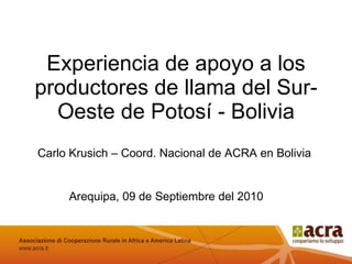 Experiencia de apoyo a los productores de llama del Sur-Oeste de Potosí - Bolivia Arequipa, 09 de Septiembre del 2010 Financiado por: Ejecutado por: Carlo Krusich – Coord. Nacional de ACRA en Bolivia  