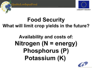 Food Security What will limit crop yields in the future? Availability and costs of: Nitrogen (N = energy) Phosphorus (P) Potassium (K)  COMMUNITY RESEARCH 