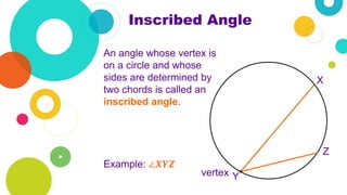 Inscribed Angle
An angle whose vertex is
on a circle and whose
sides are determined by
two chords is called an
inscribed angle.
Example: ∠𝑿𝒀𝒁
vertex
X
Y
Z
 