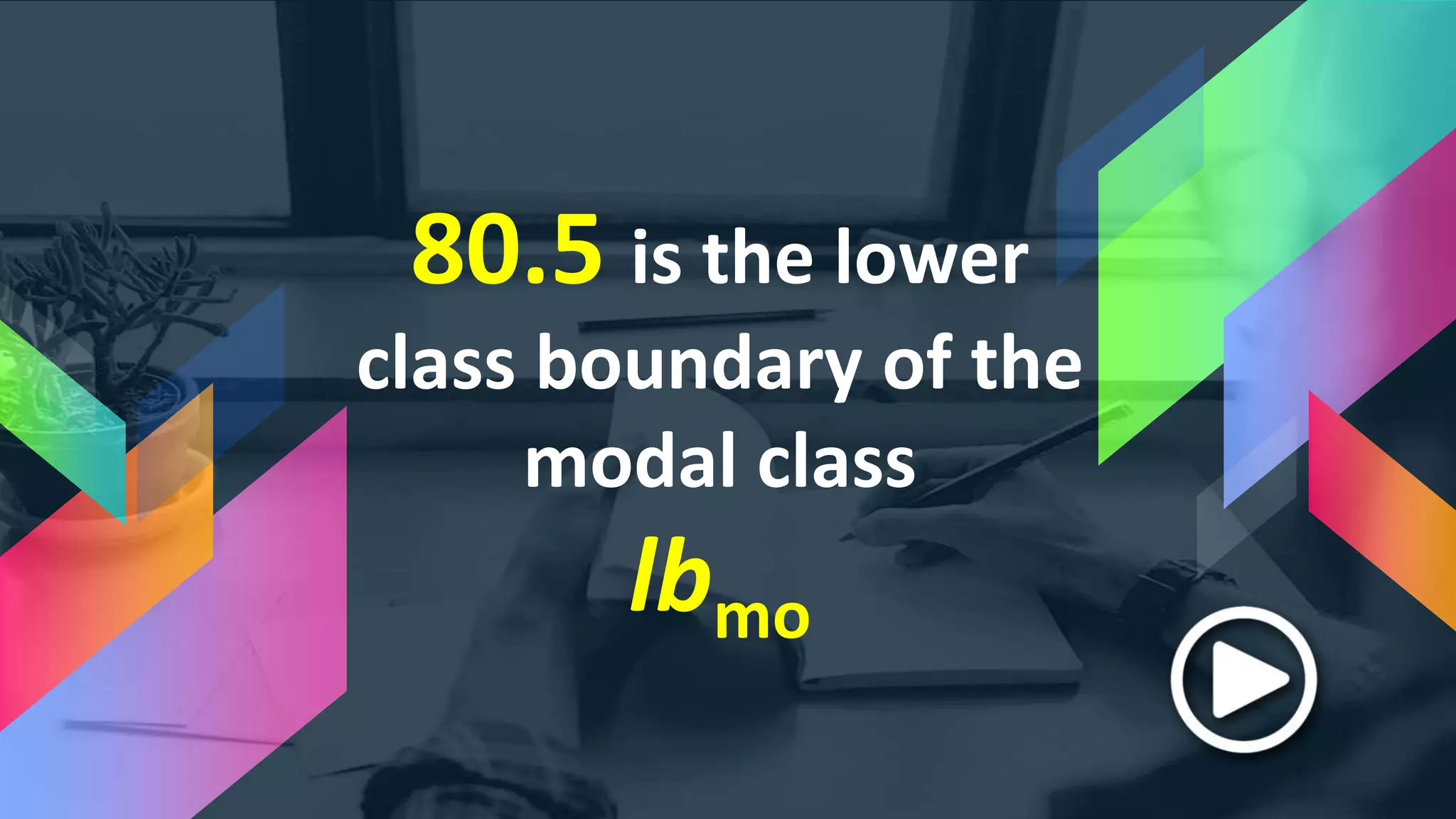 80.5 is the lower
class boundary of the
modal class
lbmo
 