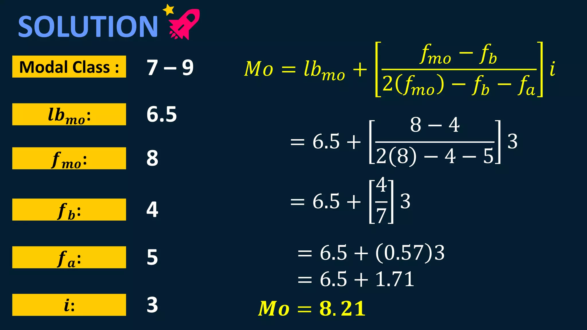 Modal Class :
𝒍𝒃 𝒎𝒐:
𝒇 𝒎𝒐:
𝒇 𝒃:
𝒇 𝒂:
𝒊:
7 – 9
6.5
8
4
5
3
SOLUTION
= 6.5 +
4
7
3
𝑀𝑜 = 𝑙𝑏 𝑚𝑜 +
𝑓𝑚𝑜 − 𝑓𝑏
2 𝑓𝑚𝑜 − 𝑓𝑏 − 𝑓𝑎
𝑖
= 6.5 +
8 − 4
2 8 − 4 − 5
3
𝑴𝒐 = 𝟖. 𝟐𝟏
= 6.5 + 0.57 3
= 6.5 + 1.71
 