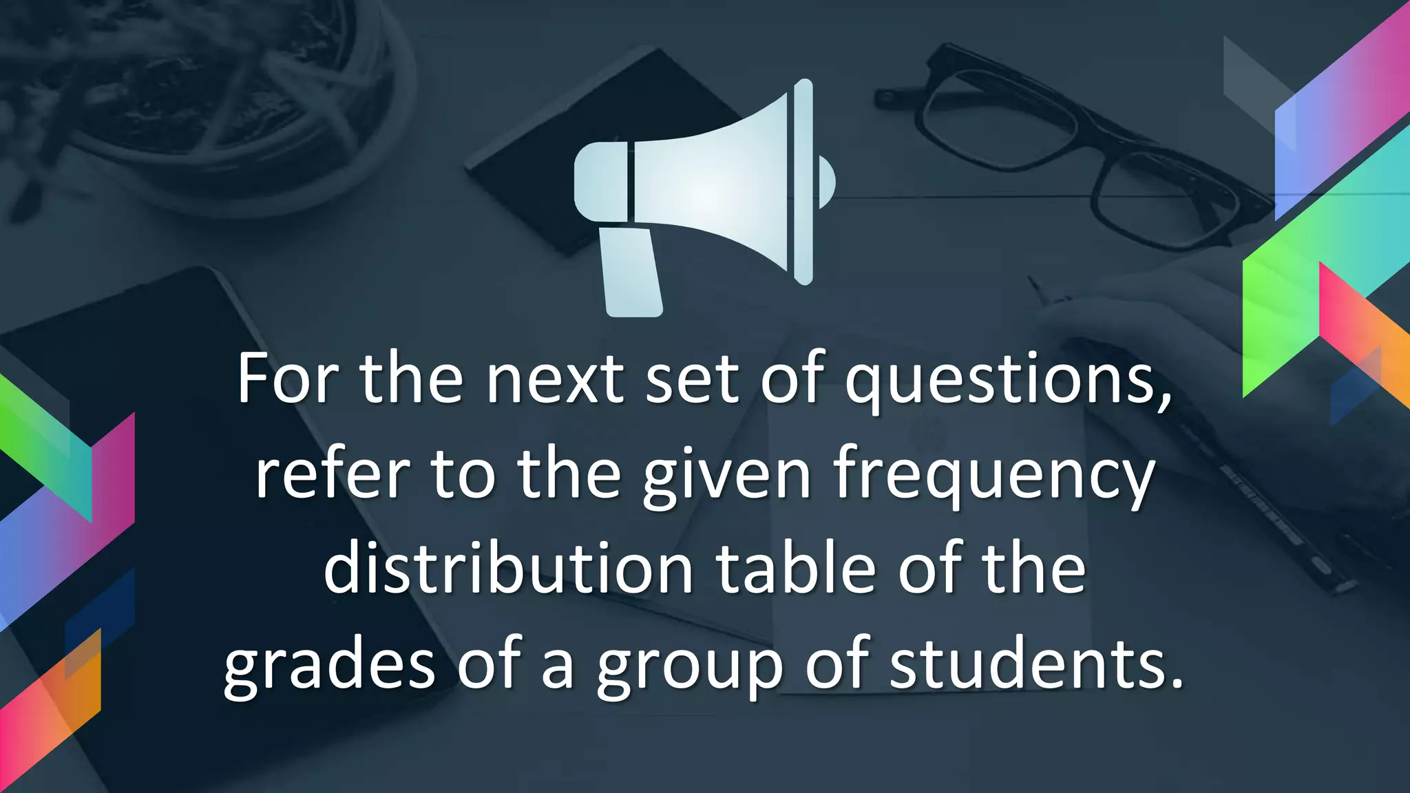 For the next set of questions,
refer to the given frequency
distribution table of the
grades of a group of students.
 