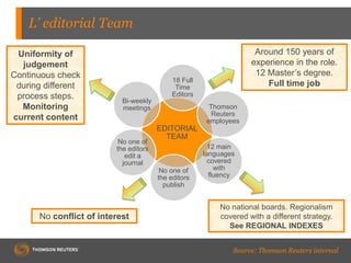 L’ editorial Team
EDITORIAL
TEAM
18 Full
Time
Editors
Thomson
Reuters
employees
12 main
languages
covered
with
fluency
No ...
