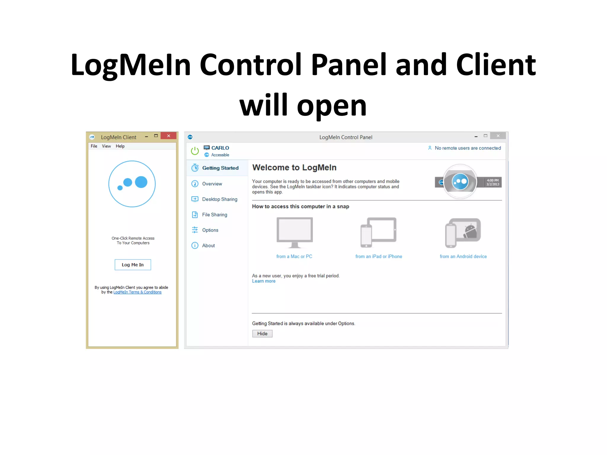 LogMeIn Control Panel and Client
will open
 