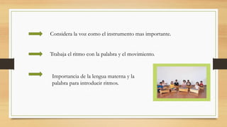 Considera la voz como el instrumento mas importante.
Trabaja el ritmo con la palabra y el movimiento.
Importancia de la lengua materna y la
palabra para introducir ritmos.