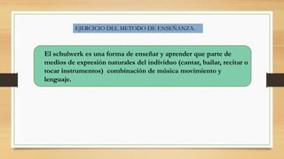 EJERCICIO DEL METODO DE ENSEÑANZA.
El schulwerk es una forma de enseñar y aprender que parte de
medios de expresión naturales del individuo (cantar, bailar, recitar o
tocar instrumentos) combinación de música movimiento y
lenguaje.