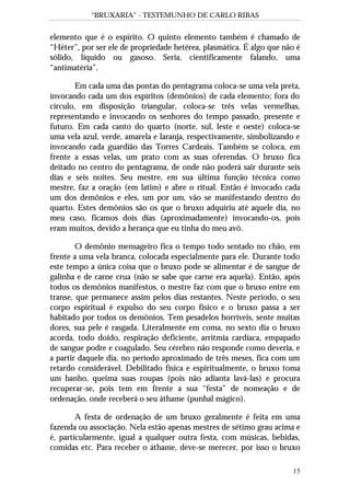 “BRUXARIA” - TESTEMUNHO DE CARLO RIBAS
15
elemento que é o espírito. O quinto elemento também é chamado de
“Héter”, por ser ele de propriedade hetérea, plasmática. É algo que não é
sólido, líquido ou gasoso. Seria, cientificamente falando, uma
“antimatéria”.
Em cada uma das pontas do pentagrama coloca-se uma vela preta,
invocando cada um dos espíritos (demônios) de cada elemento; fora do
círculo, em disposição triangular, coloca-se três velas vermelhas,
representando e invocando os senhores do tempo passado, presente e
futuro. Em cada canto do quarto (norte, sul, leste e oeste) coloca-se
uma vela azul, verde, amarela e laranja, respectivamente, simbolizando e
invocando cada guardião das Torres Cardeais. Também se coloca, em
frente a essas velas, um prato com as suas oferendas. O bruxo fica
deitado no centro do pentagrama, de onde não poderá sair durante seis
dias e seis noites. Seu mestre, em sua última função técnica como
mestre, faz a oração (em latim) e abre o ritual. Então é invocado cada
um dos demônios e eles, um por um, vão se manifestando dentro do
quarto. Estes demônios são os que o bruxo adquiriu até aquele dia, no
meu caso, ficamos dois dias (aproximadamente) invocando-os, pois
eram muitos, devido a herança que eu tinha do meu avô.
O demônio mensageiro fica o tempo todo sentado no chão, em
frente a uma vela branca, colocada especialmente para ele. Durante todo
este tempo a única coisa que o bruxo pode se alimentar é de sangue de
galinha e de carne crua (não se sabe que carne era aquela). Então, após
todos os demônios manifestos, o mestre faz com que o bruxo entre em
transe, que permanece assim pelos dias restantes. Neste período, o seu
corpo espiritual é expulso do seu corpo físico e o bruxo passa a ser
habitado por todos os demônios. Tem pesadelos horríveis, sente muitas
dores, sua pele é rasgada. Literalmente em coma, no sexto dia o bruxo
acorda, todo doído, respiração deficiente, arritmia cardíaca, empapado
de sangue podre e coagulado. Seu cérebro não responde como deveria, e
a partir daquele dia, no período aproximado de três meses, fica com um
retardo considerável. Debilitado física e espiritualmente, o bruxo toma
um banho, queima suas roupas (pois não adianta lavá-las) e procura
recuperar-se, pois tem em frente a sua “festa” de nomeação e de
ordenação, onde receberá o seu áthame (punhal mágico).
A festa de ordenação de um bruxo geralmente é feita em uma
fazenda ou associação. Nela estão apenas mestres de sétimo grau acima e
é, particularmente, igual a qualquer outra festa, com músicas, bebidas,
comidas etc. Para receber o áthame, deve-se merecer, por isso o bruxo
 