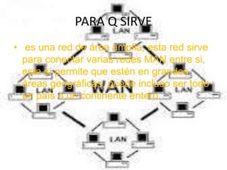 PARA Q SIRVE
• es una red de área amplia, esta red sirve
para conectar varias redes MAN entre si,
esta sí permite que estén en grandes
áreas geográficas, puede incluso ser todo
un país o un continente entero.
 