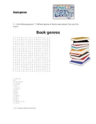 Book genres
1.- In the following puzzle 17 different genres of books were placed. Can you find
them?
Book genres
A D P X M D G E C C I Z F A M U Q I H F
G U D G M G F O S E O R M E T S V Y U V
A R T D G P O C M E Z A L X A L J O B M
U W S O A K I V A Y R S X T U B H Y N B
C H F V B S C O F D S R O R R O H Z R E
Q H J O S I I L B L F T U K P L F X C A
M N O A F B O P O T O K E T W D U F V F
K K L W Q X L G L C C D A R R S C N A A
S C P B T H Z N R E I Q U C Y L O U C N
Y H P A R G O I B A H Y H T T A T A Z T
R O M A N C E Z R N P F R A K N C D I A
S H T L H G A I K S I Y L T Q R Q V O S
D Q V T O P E K D C I O X E E U P E G Y
F F B W V S I D L I Q I H D S O L N N W
E M G N S H L D R M J Q N U L J P T J U
C N M S O T E M X O B U Q U J C H U H R
Y O J C X G X C J C U T D R Q E N R V J
L L D S C I E N C E F I C T I O N E S V
G F J P D H D M Y S P I E T M A K N Y L
U J O E Y H Y U Z T H B V Q J U Y Q U N
ADVENTURE
ART
AUTOBIOGRAPY
BIOGRAPHY
CLASSICS
COMICS
COOKBOOKS
DIARIES
DRAMA
FANTASY
HORROR
JOURNALS
MYSTERY
POETRY
ROMANCE
SCIENCEFICTION
SELFHELP
17 of 17 words were placed into the puzzle.
 