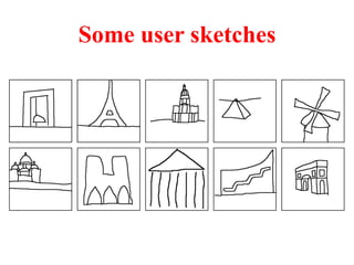 Some user sketches
Also, the Paris dataset was used to compare the e↵ec-
tiveness of our approach with the sketch-ﬁnder [9] and the
mind-ﬁnder [3]. This e ciency was evaluated considering
the precision of z best rank position, and in this paper we
used the 20 best positions as in [17].
Figure 7: Examples of the Paris sketch dataset.
To evaluate the e ciency of [9], [3] and our approach, we
 