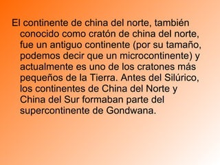 El continente de china del norte, también conocido como cratón de china del norte, fue un antiguo continente (por su tamaño, podemos decir que un microcontinente) y actualmente es uno de los cratones más pequeños de la Tierra. Antes del Silúrico, los continentes de China del Norte y China del Sur formaban parte del supercontinente de Gondwana.  