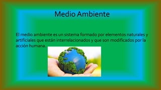 Medio Ambiente
El medio ambiente es un sistema formado por elementos naturales y
artificiales que están interrelacionados y que son modificados por la
acción humana.
 