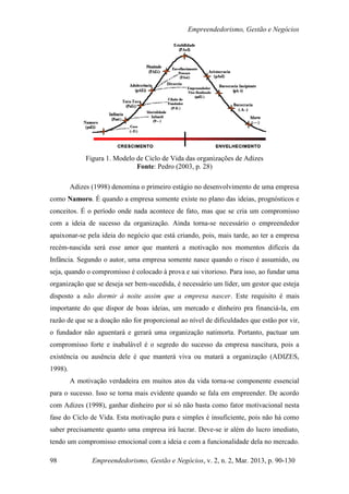 Empreendedorismo, Gestão e Negócios




              Figura 1. Modelo de Ciclo de Vida das organizações de Adizes
                               Fonte: Pedro (2003, p. 28)

         Adizes (1998) denomina o primeiro estágio no desenvolvimento de uma empresa
como Namoro. É quando a empresa somente existe no plano das ideias, prognósticos e
conceitos. É o período onde nada acontece de fato, mas que se cria um compromisso
com a ideia de sucesso da organização. Ainda torna-se necessário o empreendedor
apaixonar-se pela ideia do negócio que está criando, pois, mais tarde, ao ter a empresa
recém-nascida será esse amor que manterá a motivação nos momentos difíceis da
Infância. Segundo o autor, uma empresa somente nasce quando o risco é assumido, ou
seja, quando o compromisso é colocado à prova e sai vitorioso. Para isso, ao fundar uma
organização que se deseja ser bem-sucedida, é necessário um líder, um gestor que esteja
disposto a não dormir à noite assim que a empresa nascer. Este requisito é mais
importante do que dispor de boas ideias, um mercado e dinheiro pra financiá-la, em
razão de que se a doação não for proporcional ao nível de dificuldades que estão por vir,
o fundador não aguentará e gerará uma organização natimorta. Portanto, pactuar um
compromisso forte e inabalável é o segredo do sucesso da empresa nascitura, pois a
existência ou ausência dele é que manterá viva ou matará a organização (ADIZES,
1998).
         A motivação verdadeira em muitos atos da vida torna-se componente essencial
para o sucesso. Isso se torna mais evidente quando se fala em empreender. De acordo
com Adizes (1998), ganhar dinheiro por si só não basta como fator motivacional nesta
fase do Ciclo de Vida. Esta motivação pura e simples é insuficiente, pois não há como
saber precisamente quanto uma empresa irá lucrar. Deve-se ir além do lucro imediato,
tendo um compromisso emocional com a ideia e com a funcionalidade dela no mercado.

98              Empreendedorismo, Gestão e Negócios, v. 2, n. 2, Mar. 2013, p. 90-130
 