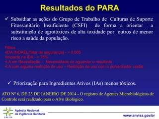 Agência Nacional
de Vigilância Sanitária
www.anvisa.gov.br
Resultados do PARA
 Subsidiar as ações do Grupo de Trabalho de Culturas de Suporte
Fitossanitário Insuficiente (CSFI) de forma a orientar a
substituição de agrotóxicos de alta toxidade por outros de menor
risco a saúde da população.
Filtros
•IDA (NOAEL/fator de segurança) - > 0,005
•Impacto na IDA - < 75%
•I.A em Reavaliação – Necessidade de aguardar o resultado
•I.A com alguma restrição de uso – Restrição de uso com o pulverizador costal
 Priorização para Ingredientes Ativos (IAs) menos tóxicos.
ATO Nº 6, DE 23 DE JANEIRO DE 2014 - O registro de Agentes Microbiológicos de
Controle será realizado para o Alvo Biológico.
 