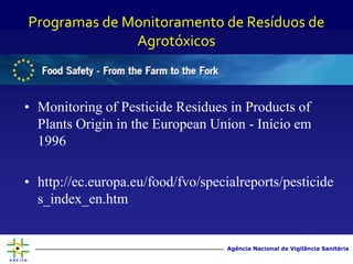 Agência Nacional de Vigilância Sanitária
Programas de Monitoramento de Resíduos de
Agrotóxicos
• Monitoring of Pesticide Residues in Products of
Plants Origin in the European Union - Início em
1996
• http://ec.europa.eu/food/fvo/specialreports/pesticide
s_index_en.htm
 