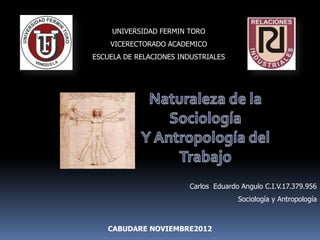 UNIVERSIDAD FERMIN TORO
    VICERECTORADO ACADEMICO
ESCUELA DE RELACIONES INDUSTRIALES




                        Carlos Eduardo Angulo C.I.V.17.379.956
                                      Sociología y Antropología



   CABUDARE NOVIEMBRE2012
 