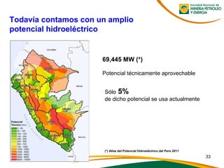 Todavía contamos con un amplio
potencial hidroeléctrico
69,445 MW (*)
Potencial técnicamente aprovechable
Sólo 5%
de dicho potencial se usa actualmente
(*) Atlas del Potencial Hidroeléctrico del Perú 2011
33
 