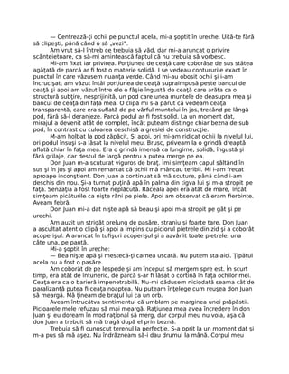 — Centrează-ţi ochii pe punctul acela, mi-a şoptit în ureche. Uită-te fără
să clipeşti, până când o să „vezi”.
Am vrut să-l întreb ce trebuia să văd, dar mi-a aruncat o privire
scânteietoare, ca să-mi amintească faptul că nu trebuia să vorbesc.
Mi-am ﬁxat iar privirea. Porţiunea de ceaţă care coborâse de sus stătea
agăţată de parcă ar ﬁ fost o materie solidă. I se vedeau contururile exact în
punctul în care văzusem nuanţa verde. Când mi-au obosit ochii şi i-am
încrucişat, am văzut întâi porţiunea de ceaţă supraimpusă peste bancul de
ceaţă şi apoi am văzut între ele o fâşie îngustă de ceaţă care arăta ca o
structură subţire, nesprijinită, un pod care unea muntele de deasupra mea şi
bancul de ceaţă din faţa mea. O clipă mi s-a părut că vedeam ceaţa
transparentă, care era suﬂată de pe vârful muntelui în jos, trecând pe lângă
pod, fără să-l deranjeze. Parcă podul ar ﬁ fost solid. La un moment dat,
mirajul a devenit atât de complet, încât puteam distinge chiar bezna de sub
pod, în contrast cu culoarea deschisă a gresiei de construcţie.
M-am holbat la pod zăpăcit. Şi apoi, ori mi-am ridicat ochii la nivelul lui,
ori podul însuşi s-a lăsat la nivelul meu. Brusc, priveam la o grindă dreaptă
aﬂată chiar în faţa mea. Era o grindă imensă ca lungime, solidă, îngustă şi
fără grilaje, dar destul de largă pentru a putea merge pe ea.
Don Juan m-a scuturat viguros de braţ. Îmi simţeam capul săltând în
sus şi în jos şi apoi am remarcat că ochii mă mâncau teribil. Mi i-am frecat
aproape inconştient. Don Juan a continuat să mă scuture, până când i-am
deschis din nou. Şi-a turnat puţină apă în palma din tigva lui şi m-a stropit pe
faţă. Senzaţia a fost foarte neplăcută. Răceala apei era atât de mare, încât
simţeam picăturile ca nişte răni pe piele. Apoi am observat că eram ﬁerbinte.
Aveam febră.
Don Juan mi-a dat nişte apă să beau şi apoi m-a stropit pe gât şi pe
urechi.
Am auzit un strigăt prelung de pasăre, straniu şi foarte tare. Don Juan
a ascultat atent o clipă şi apoi a împins cu piciorul pietrele din zid şi a coborât
acoperişul. A aruncat în tuﬁşuri acoperişul şi a azvârlit toate pietrele, una
câte una, pe pantă.
Mi-a şoptit în ureche:
— Bea nişte apă şi mestecă-ţi carnea uscată. Nu putem sta aici. Ţipătul
acela nu a fost o pasăre.
Am coborât de pe lespede şi am început să mergem spre est. În scurt
timp, era atât de întuneric, de parcă s-ar ﬁ lăsat o cortină în faţa ochilor mei.
Ceaţa era ca o barieră impenetrabilă. Nu-mi dădusem niciodată seama cât de
paralizantă putea ﬁ ceaţa noaptea. Nu puteam înţelege cum reuşea don Juan
să meargă. Mă ţineam de braţul lui ca un orb.
Aveam întrucâtva sentimentul că umblam pe marginea unei prăpăstii.
Picioarele mele refuzau să mai meargă. Raţiunea mea avea încredere în don
Juan şi eu doream în mod raţional să merg, dar corpul meu nu voia, aşa că
don Juan a trebuit să mă tragă după el prin beznă.
Trebuia să ﬁ cunoscut terenul la perfecţie. S-a oprit la un moment dat şi
m-a pus să mă aşez. Nu îndrăzneam să-i dau drumul la mână. Corpul meu
 
