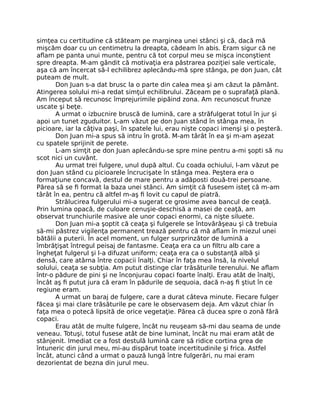 simţea cu certitudine că stăteam pe marginea unei stânci şi că, dacă mă
mişcăm doar cu un centimetru la dreapta, cădeam în abis. Eram sigur că ne
aﬂam pe panta unui munte, pentru că tot corpul meu se mişca inconştient
spre dreapta. M-am gândit că motivaţia era păstrarea poziţiei sale verticale,
aşa că am încercat să-l echilibrez aplecându-mă spre stânga, pe don Juan, cât
puteam de mult.
Don Juan s-a dat brusc la o parte din calea mea şi am căzut la pământ.
Atingerea solului mi-a redat simţul echilibrului. Zăceam pe o suprafaţă plană.
Am început să recunosc împrejurimile pipăind zona. Am recunoscut frunze
uscate şi beţe.
A urmat o izbucnire bruscă de lumină, care a străfulgerat totul în jur şi
apoi un tunet zguduitor. L-am văzut pe don Juan stând în stânga mea, în
picioare, iar la câţiva paşi, în spatele lui, erau nişte copaci imenşi şi o peşteră.
Don Juan mi-a spus să intru în grotă. M-am târât în ea şi m-am aşezat
cu spatele sprijinit de perete.
L-am simţit pe don Juan aplecându-se spre mine pentru a-mi şopti să nu
scot nici un cuvânt.
Au urmat trei fulgere, unul după altul. Cu coada ochiului, l-am văzut pe
don Juan stând cu picioarele încrucişate în stânga mea. Peştera era o
formaţiune concavă, destul de mare pentru a adăposti două-trei persoane.
Părea să se ﬁ format la baza unei stânci. Am simţit că fusesem isteţ că m-am
târât în ea, pentru că altfel m-aş ﬁ lovit cu capul de piatră.
Strălucirea fulgerului mi-a sugerat ce grosime avea bancul de ceaţă.
Prin lumina opacă, de culoare cenuşie-deschisă a masei de ceaţă, am
observat trunchiurile masive ale unor copaci enormi, ca nişte siluete.
Don Juan mi-a şoptit că ceaţa şi fulgerele se întovărăşeau şi că trebuia
să-mi păstrez vigilenţa permanent trează pentru că mă aﬂam în miezul unei
bătălii a puterii. În acel moment, un fulger surprinzător de lumină a
îmbrăţişat întregul peisaj de fantasme. Ceaţa era ca un ﬁltru alb care a
îngheţat fulgerul şi l-a difuzat uniform; ceaţa era ca o substanţă albă şi
densă, care atârna între copacii înalţi. Chiar în faţa mea însă, la nivelul
solului, ceaţa se subţia. Am putut distinge clar trăsăturile terenului. Ne aﬂam
într-o pădure de pini şi ne înconjurau copaci foarte înalţi. Erau atât de înalţi,
încât aş ﬁ putut jura că eram în pădurile de sequoia, dacă n-aş ﬁ ştiut în ce
regiune eram.
A urmat un baraj de fulgere, care a durat câteva minute. Fiecare fulger
făcea şi mai clare trăsăturile pe care le observasem deja. Am văzut chiar în
faţa mea o potecă lipsită de orice vegetaţie. Părea că ducea spre o zonă fără
copaci.
Erau atât de multe fulgere, încât nu reuşeam să-mi dau seama de unde
veneau. Totuşi, totul fusese atât de bine luminat, încât nu mai eram atât de
stânjenit. Imediat ce a fost destulă lumină care să ridice cortina grea de
întuneric din jurul meu, mi-au dispărut toate incertitudinile şi frica. Astfel
încât, atunci când a urmat o pauză lungă între fulgerări, nu mai eram
dezorientat de bezna din jurul meu.
 