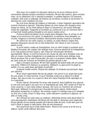 Don Juan mi-a şoptit că văzusem destul şi că acum trebuia să-mi
concentrez atenţia asupra sunetului tunetului. Mi-am dat seama, spre uimirea
mea, că nu dădusem nici o atenţie tunetelor, în poﬁda faptului că fuseseră
colosale. Don Juan a adăugat că trebuia să urmăresc sunetul şi să privesc în
direcţia din care credeam că vine.
Nu mai erau baraje de fulgere şi trăsnete, ci doar fulgerări sporadice de
lumină intensă şi zgomot. Trăsnetul părea că vine mereu din dreapta mea.
Ceaţa se ridica, iar eu ﬁind obişnuit deja cu întunericul, am putut distinge
mase de vegetaţie. Fulgerele şi tunetele au continuat şi la un moment dat s-
a înseninat toată partea dreaptă şi am putut vedea cerul.
Furtuna electrică părea că se mişcă spre dreapta mea. A urmat un alt
fulger şi la lumina lui am văzut, în depărtare, la extrema mea dreaptă, un
munte. Fulgerul a iluminat fundalul, demascând silueta masivă a munţilor.
Pe vârful lor am zărit copaci; ei arătau ca nişte tăieturi negre ﬁne,
aşezate deasupra cerului de un alb strălucitor. Am văzut şi nori cumulus
peste munţi.
În jurul nostru ceaţa se împrăştiase. Era un vânt liniştit şi puteam auzi
fâşâitul frunzelor din copacii din stânga mea. Furtuna electrică se îndepărtase
şi nu măi putea lumina copacii, dar masa lor întunecată rămânea
perceptibilă. Totuşi, în lumina furtunii am reuşit să văd că la dreapta mea se
aﬂa un masiv muntos îndepărtat şi că pădurea se limita spre stânga mea.
Parcă priveam într-o vale întunecată, pe care n-o puteam vedea deloc. Raza
pe care avea loc furtuna se întindea pe partea opusă a văii.
Apoi a început să plouă. Mi-am lipit spatele de piatră atât cât am putut
mai bine. Pălăria îmi folosea ca acoperiş. Stăteam cu genunchii la piept şi,
astfel, mi s-au udat doar gambele şi pantoﬁi.
A plouat multă vreme. Ploaia era călduţă. O simţeam pe picioare. Apoi
am adormit.
M-au trezit zgomotele făcute de păsări. Am privit în jur după don Juan.
Nu era acolo; în mod normal, m-aş ﬁ întrebat unde era şi dacă m-a lăsat
singur, dar şocul care m-a cuprins când am văzut împrejurimile aproape că
m-a paralizat.
M-am ridicat. Picioarele îmi erau ude leoarcă, borul pălăriei era saturat
şi mai era încă apă în ea care mi s-a împrăştiat pe corp. Nici vorbă să ﬁ fost în
vreo cavernă, ci sub nişte tuﬁşuri groase. Am avut un moment de confuzie
fără egal. Stăteam în picioare pe o bucată de teren plană, dintre două
deluşoare acoperite cu tuﬁşuri. Nu existau copaci în stânga mea şi în dreapta
nu era nici o vale. Exact în faţa mea, unde văzusem o potecă în pădure, se
aﬂa un tuﬁş uriaş.
Am refuzat să cred ceea ce vedeam. Diferenţa dintre cele două feluri în
care percepusem realitatea mă făcea să mă zbat în căutarea unei explicaţii.
M-am gândit că era foarte posibil să ﬁ dormit atât de tare, încât don Juan să
mă ﬁ cărat în spate în altă parte, fără să mă trezească.
Am examinat locul unde adormisem. Terenul era uscat şi la fel era şi
alături, acolo unde stătuse don Juan.
 