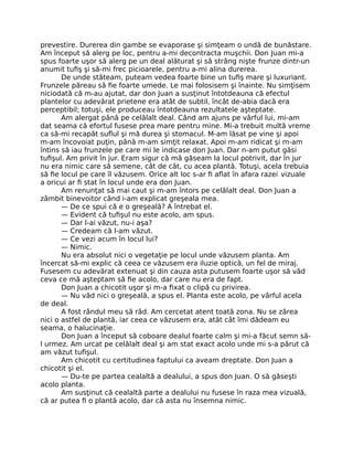 prevestire. Durerea din gambe se evaporase şi simţeam o undă de bunăstare.
Am început să alerg pe loc, pentru a-mi decontracta muşchii. Don Juan mi-a
spus foarte uşor să alerg pe un deal alăturat şi să strâng nişte frunze dintr-un
anumit tuﬁş şi să-mi frec picioarele, pentru a-mi alina durerea.
De unde stăteam, puteam vedea foarte bine un tuﬁş mare şi luxuriant.
Frunzele păreau să ﬁe foarte umede. Le mai folosisem şi înainte. Nu simţisem
niciodată că m-au ajutat, dar don Juan a susţinut întotdeauna că efectul
plantelor cu adevărat prietene era atât de subtil, încât de-abia dacă era
perceptibil; totuşi, ele produceau întotdeauna rezultatele aşteptate.
Am alergat până pe celălalt deal. Când am ajuns pe vârful lui, mi-am
dat seama că efortul fusese prea mare pentru mine. Mi-a trebuit multă vreme
ca să-mi recapăt suﬂul şi mă durea şi stomacul. M-am lăsat pe vine şi apoi
m-am încovoiat puţin, până m-am simţit relaxat. Apoi m-am ridicat şi m-am
întins să iau frunzele pe care mi le indicase don Juan. Dar n-am putut găsi
tuﬁşul. Am privit în jur. Eram sigur că mă găseam la locul potrivit, dar în jur
nu era nimic care să semene, cât de cât, cu acea plantă. Totuşi, acela trebuia
să ﬁe locul pe care îl văzusem. Orice alt loc s-ar ﬁ aﬂat în afara razei vizuale
a oricui ar ﬁ stat în locul unde era don Juan.
Am renunţat să mai caut şi m-am întors pe celălalt deal. Don Juan a
zâmbit binevoitor când i-am explicat greşeala mea.
— De ce spui că e o greşeală? A întrebat el.
— Evident că tuﬁşul nu este acolo, am spus.
— Dar l-ai văzut, nu-i aşa?
— Credeam că l-am văzut.
— Ce vezi acum în locul lui?
— Nimic.
Nu era absolut nici o vegetaţie pe locul unde văzusem planta. Am
încercat să-mi explic că ceea ce văzusem era iluzie optică, un fel de miraj.
Fusesem cu adevărat extenuat şi din cauza asta putusem foarte uşor să văd
ceva ce mă aşteptam să ﬁe acolo, dar care nu era de fapt.
Don Juan a chicotit uşor şi m-a ﬁxat o clipă cu privirea.
— Nu văd nici o greşeală, a spus el. Planta este acolo, pe vârful acela
de deal.
A fost rândul meu să râd. Am cercetat atent toată zona. Nu se zărea
nici o astfel de plantă, iar ceea ce văzusem era, atât cât îmi dădeam eu
seama, o halucinaţie.
Don Juan a început să coboare dealul foarte calm şi mi-a făcut semn să-
l urmez. Am urcat pe celălalt deal şi am stat exact acolo unde mi s-a părut că
am văzut tuﬁşul.
Am chicotit cu certitudinea faptului ca aveam dreptate. Don Juan a
chicotit şi el.
— Du-te pe partea cealaltă a dealului, a spus don Juan. O să găseşti
acolo planta.
Am susţinut că cealaltă parte a dealului nu fusese în raza mea vizuală,
că ar putea ﬁ o plantă acolo, dar că asta nu însemna nimic.
 