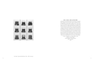 24 25
XVI, XVII, XIX CENTURY
[SUPPORT] The workshop proposes the premise of solving dif-
ferent temporal and social contexts, based on different architec-
tural approaches. Contexts refer to realities of the s. XVI (La Lati-
na), XVII (Chamberí) and XIX (Sanchinarro). The architectural
points of view are the volume, the façade and the circulation. The
proposed realities are totally different and the proposal proposes
is to solve the order from the structure, architectural topical that
configures the space and consequently the living. The façade had
the challenge of solving a cantilevered corner, for that reason a
bracket structure is proposed, in which the openings dictate that
it is structure and bearing and that it is only enclosure. Circula-
tion, as an element that articulates the project is resolved from
elements that are structure and circulation, and at the same time
resolve how the building touches the floor. The architectural el-
ements seek to demonstrate the tectonic clarity of the building.
Location: Sanchinarro + La Latina, Madrid, Spain
Professor: Dietmar Eberle
Assitant professor: Victor Ebergenyi
Team: Luis Martin
2018
“Gas Tanks”. Bernd and Hilla Becher, 1965 – 2009. (Germany)
 