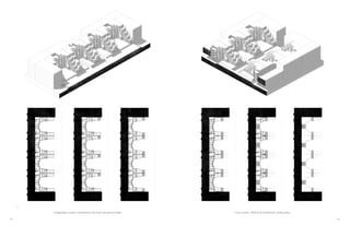 40 41
Longitudinal section. Ground level, first level, second level plans Cross section. Third level, fourth level, rooftop plans
 