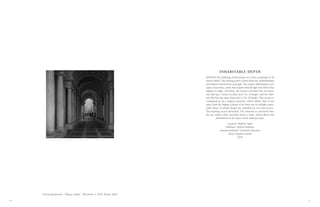 16 17
INHABITABLE DEPTH
[DEPTH] The challenge of this project is to solve a typology of 18
meters depth. The starting point is given from the understanding
and relation between life and light. The project differentiates two
types of activities, some that require natural light and others that
happen at night. Therefore, the house is divided into two bays,
one that has 3 meters in front and 5 m. of height, and the other
one that has the same front and 2.5 m. of height. This section is
configured as an L-shaped extrusion, which allows that in the
space with the highest volume of air there are no twilight zones,
while those of simple height are intended for rest and service.
The stacking occurs alternately. The structure is conceived from
the arc, which when extruded forms a vault, which allows the
distribution of the load in both domestic bays.
Location: Madrid, Spain
Professor: Andrea Deplazes
Assitant professor: Fernando Altozano
Team: Prajakta Gawde
2018
“Forced perspective - Palazzo Spada”. Borromini, S. XVII. (Roma, Italy).
 