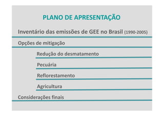 PLANO DE APRESENTAÇÃO
          PLANO DE APRESENTAÇÃO

Inventário das emissões de GEE no Brasil (1990‐2005)
Inventário das emissões de GEE no Brasil (1990 2005)
Opções de mitigação
 pç           g ç
        Redução do desmatamento
        Pecuária
        Reflorestamento
        Agricultura
Considerações finais
Considerações finais
 