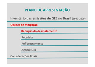 PLANO DE APRESENTAÇÃO
          PLANO DE APRESENTAÇÃO

Inventário das emissões de GEE no Brasil (1990‐2005)
Inventário das emissões de GEE no Brasil (1990 2005)
Opções de mitigação
 pç           g ç
        Redução do desmatamento
        Pecuária
        Reflorestamento
        Agricultura
Considerações finais
Considerações finais
 