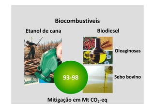 Biocombustiveis
Etanol de cana
Et   ld                   Biodiesel
                          Bi di l


                                 Oleaginosas




                 93‐
                 93‐98           Sebo bovino



        Mitigação em Mt CO2‐eq
                     Mt CO
 