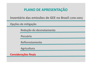 PLANO DE APRESENTAÇÃO
          PLANO DE APRESENTAÇÃO

Inventário das emissões de GEE no Brasil (1990‐2005)
Inventário das emissões de GEE no Brasil (1990 2005)
Opções de mitigação
 pç           g ç
        Redução do desmatamento
        Pecuária
        Reflorestamento
        Agricultura
Considerações finais
Considerações finais
 