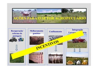 AÇÕES PARA O SETOR AGROPECUÁRIO


Recuperação/   Melhoramento
                                                Integração
                              Confinamento
 reforma de      g
                 genético                    Lavoura-pecuária
  pastagens
 