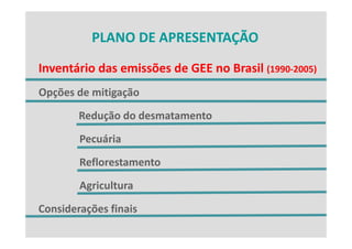 PLANO DE APRESENTAÇÃO
          PLANO DE APRESENTAÇÃO

Inventário das emissões de GEE no Brasil (1990‐2005)
Inventário das emissões de GEE no Brasil (1990 2005)
Opções de mitigação
 pç           g ç
        Redução do desmatamento
        Pecuária
        Reflorestamento
        Agricultura
Considerações finais
Considerações finais
 