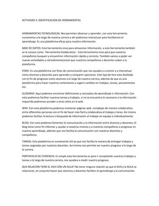 ACTIVIDAD 3: IDENTIFICACION DE HERRAMIENTAS
HERRAMIENTAS TECNOLOGICAS: Nos permiten observar y aprender, con esta herramienta
cursaremos a lo largo de nuestra carrera y ahí podremos interactuar para facilitarnos el
aprendizaje. Es una plataforma eficaz para nuestra información.
BASE DE DATOS: Esta herramienta sirve para almacenar información, a esta herramienta también
se le conoce como ¨Herramienta Colaborativa¨. Esta herramienta sirve para que nuestros
compañeros busquen y encuentren información rápida y correcta. También vamos a poder ver
nuevas actividades y retroalimentaciones que nuestros compañeros o docentes suban a la
plataforma.
FORO: Es una plataforma con fines de comunicación que nos ayudara a convivir y a interactuar
como alumnos y docentes para aprender y compartir opiniones. Este tipo de foro esta diseñado
con el fin de progresar como alumnos a lo largo de nuestra carrera, además de que es una
plataforma para linear nuestros comentarios y sugerir cambios en trabajos, tareas, pensamientos
etc.
GLOSARIO: Aquí podemos encontrar definiciones y conceptos de aprendizaje e información. Con
esto podremos facilitar nuestras tareas y trabajos, si no se encuentra lo necesario o la información
requerida podremos acceder a otros sitios en la web.
WIKI: Con esta plataforma podemos mantener páginas web complejas de manera colaborativa
entre diferentes personas con el fin de hacer más fácil y colaborativa el trabajo o tarea. Así mismo
podemos facilitar la lectura o búsqueda de información al trabajar en equipo o individualmente.
BLOG: Con esto podemos fomentar lo comunicación y la información entre alumnos y docentes, El
blog tiene como fin informar y ayudar a nosotros mismos y a nuestros compañeros a progresar en
nuestro aprendizaje, además que nos facilita la comunicación con nuestros docentes y
compañeros.
TAREAS: Esta plataforma es sumamente útil ya que nos facilita la manera de entregar trabajos y
tareas asignadas por nuestros docentes. Así mismo nos permite ver nuestro progreso a lo largo de
la carrera.
PORTAFOLIO DE EVIDENCIA: Es simple esta herramienta es para ir recopilando nuestros trabajos y
tareas a lo largo de nuestra carrera, nos ayudara a medir nuestro progreso.
QUE RELACION TIENE EL AVA CON UN AULA? No tiene ninguna relación ya que el AVA y la AULA se
relacionan, en conjunto hacen que alumnos y docentes faciliten el aprendizaje y la comunicación.
 