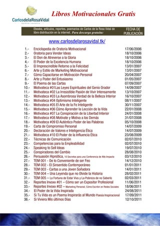 Libros Motivacionales Gratis
       Ebooks, artículos, reportes, poemarios de Carlos de la Rosa Vidal de         FECHA DE
       libre distribución en la internet. Para descarga gratuita:                  PUBLICACIÓN

                   www.carlosdelarosavidal.tk/
1.-    Enciclopedia de Oratoria Motivacional                                       17/06/2006
2.-    Oratoria para Vender Ideas                                                  18/10/2006
3.-    El Don de Atreverse a la Gloria                                             18/10/2006
4.-    El Poder de la Excelencia Humana                                            18/10/2006
5.-    El Imprescindible Retorno a la Felicidad                                    13/01/2007
6.-    Arte y Estilo de Marketing Motivacional                                     13/01/2007
7.-    Cómo Capacitarse en Motivación Personal                                     20/04/2007
8.-    Arte y Poder del Entusiasmo                                                 01/05/2007
9.-    El Poema de las Cartas                                                      07/09/2007
10.-   Motivateca #01Las Leyes Espirituales del Genio Orador                       14/09/2007
11.-   Motivateca #02 La Irresistible Pasión de Vivir Intensamente                 13/10/2007
12.-   Motivateca #03 La Asombrosa Verdad de la Belleza Interior                   16/10/2007
13.-   Motivateca #04 Optimismo Inteligente                                        08/11/2007
14.-   Motivateca #05 El Arte de la Fe Inteligente                                 30/11/2007
15.-   Motivateca #06 Cómo Aprender la Lección de la Vida                          22/01/2008
16.-   Motivateca #07 La Conspiració de la Libertad Interior
                           Conspiración                                            24/01/2008
17.-   Motivateca #08 Motívate y Motiva a los Demás
         otivateca                                                                 31/07/2008
18.-   Motivateca #09 El Auténtico Poder de las Palabras                           05/10/2008
19.-   Carta de Compromiso Personal                                                14/07/2009
20.-   Declaración de Valores e Inteligencia Ética                                 14/07/2009
21.-   Motivateca #10 El Poder de la Influencia Ética                              23/08/2009
22.-   Técnicas de Comunicación                                                    02/07/2010
23.-   Competencias para la Empleabilidad                                          02/07/2010
24.-   Speaking to Sell Ideas                                                      19/07/2010
25.-   Conspiradores del Cambio                                                    28/08/2010
26.-   Persuasión Hipnótica 10 Secretos para una Conferencia de Alto Impacto
                    Hipnótica,                                                     03/12/2010
27.-   TEM 001 - De lo Conveniente de ser Feo                                      14/12/2010
28.-   TEM 002 - El Sinsentido Contemporáneo                                       01/01/2011
29.-   TEM 003 - Cartas a una Joven Soñadora                                       14/01/2011
30.-   TEM 004 – Una Leyenda que no Olvide la Historia                             28/02/2011
31.-   TEM 005 – La Fortuna de Estar Vivo y La Pobreza de no Saberlo               02/03/2011
32.-   Reportes Invoxx #01 – Cómo ser un Expositor Profesional                     11/06/2011
33.-   Reportes Invoxx #02 – Marketing Personal, Cómo Escribir en Redes Sociales   18/06/2011
34.-   El Poder de la Vida Inspirada                                               24/08/2011
35.-   Si Tu Vida es un Poema Inspirarás al Mundo Poesía Inspiracional             17/09/2011
36.-   Si Viviera Mis últimos Días                                                 12/10/2011
 